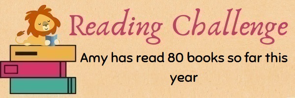 Text: Reading Challenge Amy has read 80 books so far this year. Image: A cartoon lion reading a book on a stack of larger books.