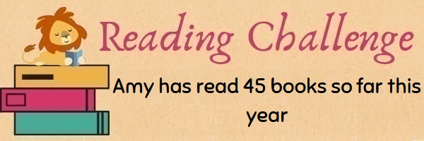 Text: Reading Challenge Amy has read 45 books so far this year. Image: A cartoon lion reading a book on a stack of larger books.